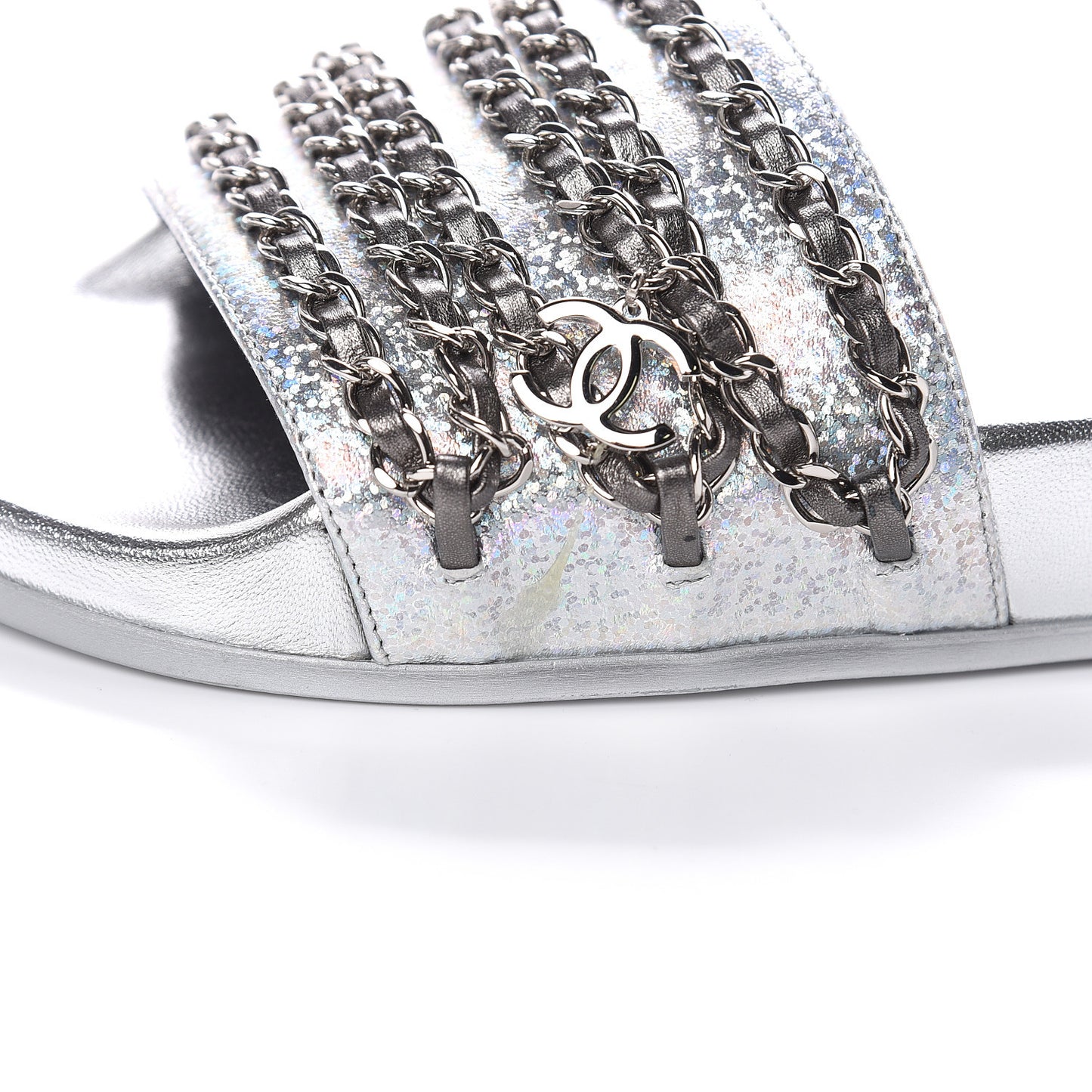 Metallic Lambskin Chain Flat Sandals 38 Silver