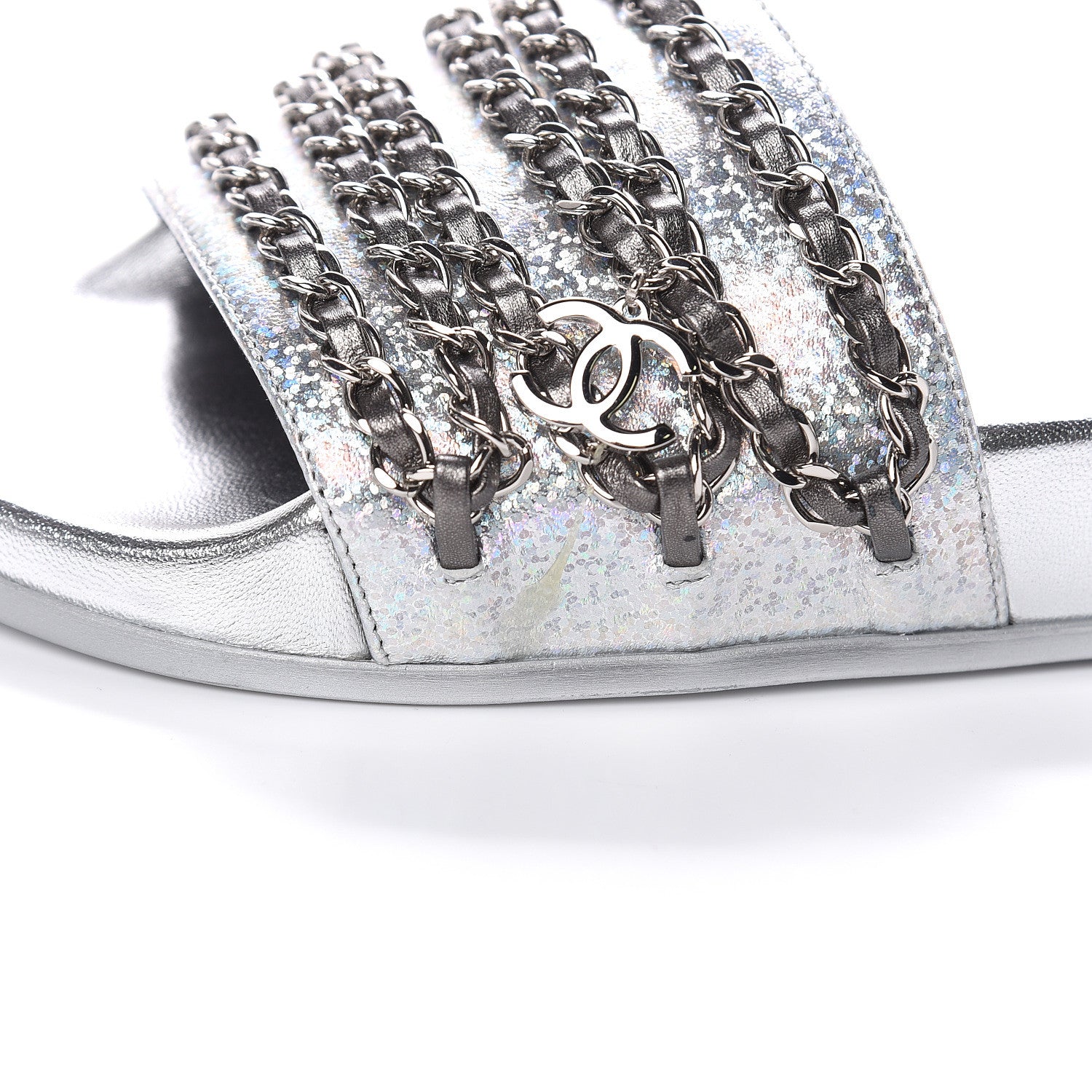 Chanel Metallic Lambskin Chain Flat Sandals 38 Silver 10 of 11