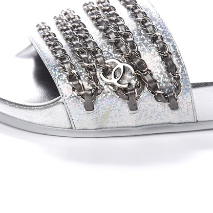 Chanel Metallic Lambskin Chain Flat Sandals 38 Silver 10 of 11