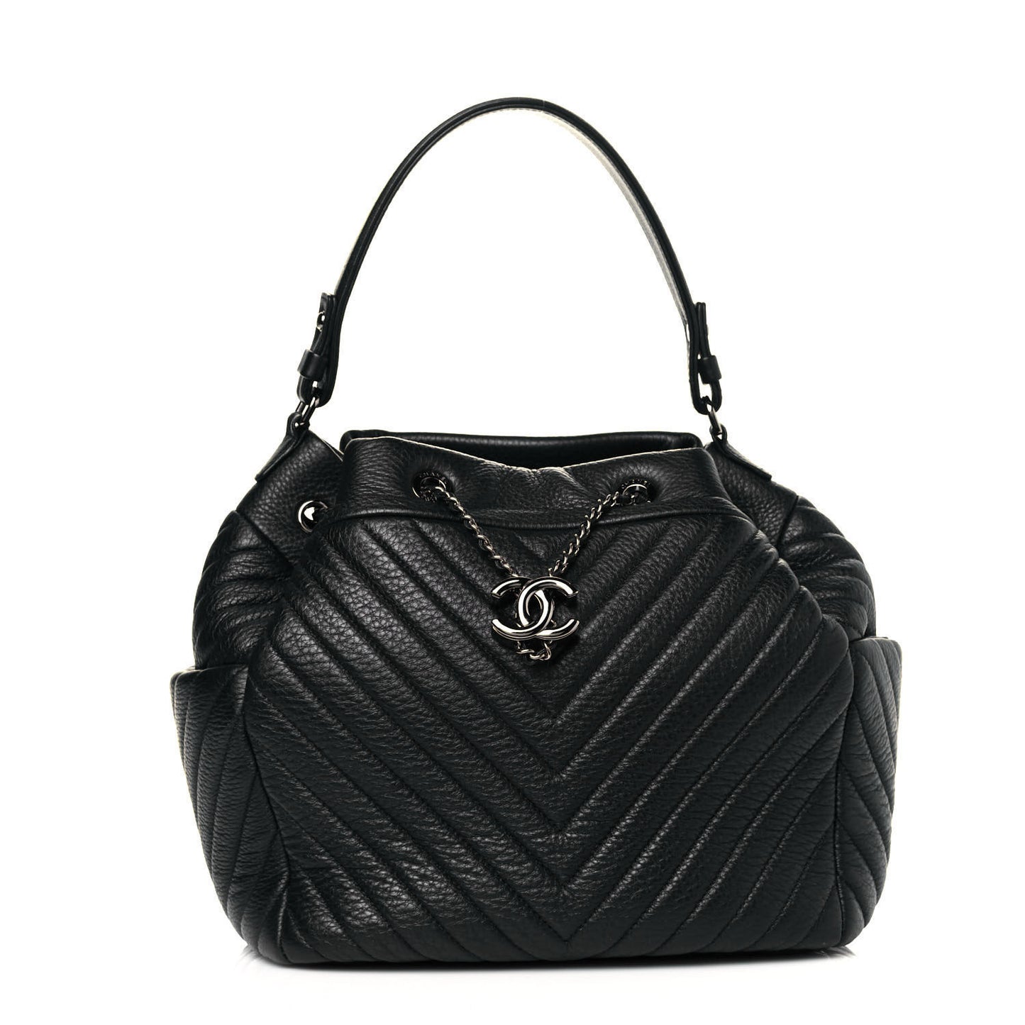 Deerskin Chevron Large CC Chain Bucket Drawstring Bag Black