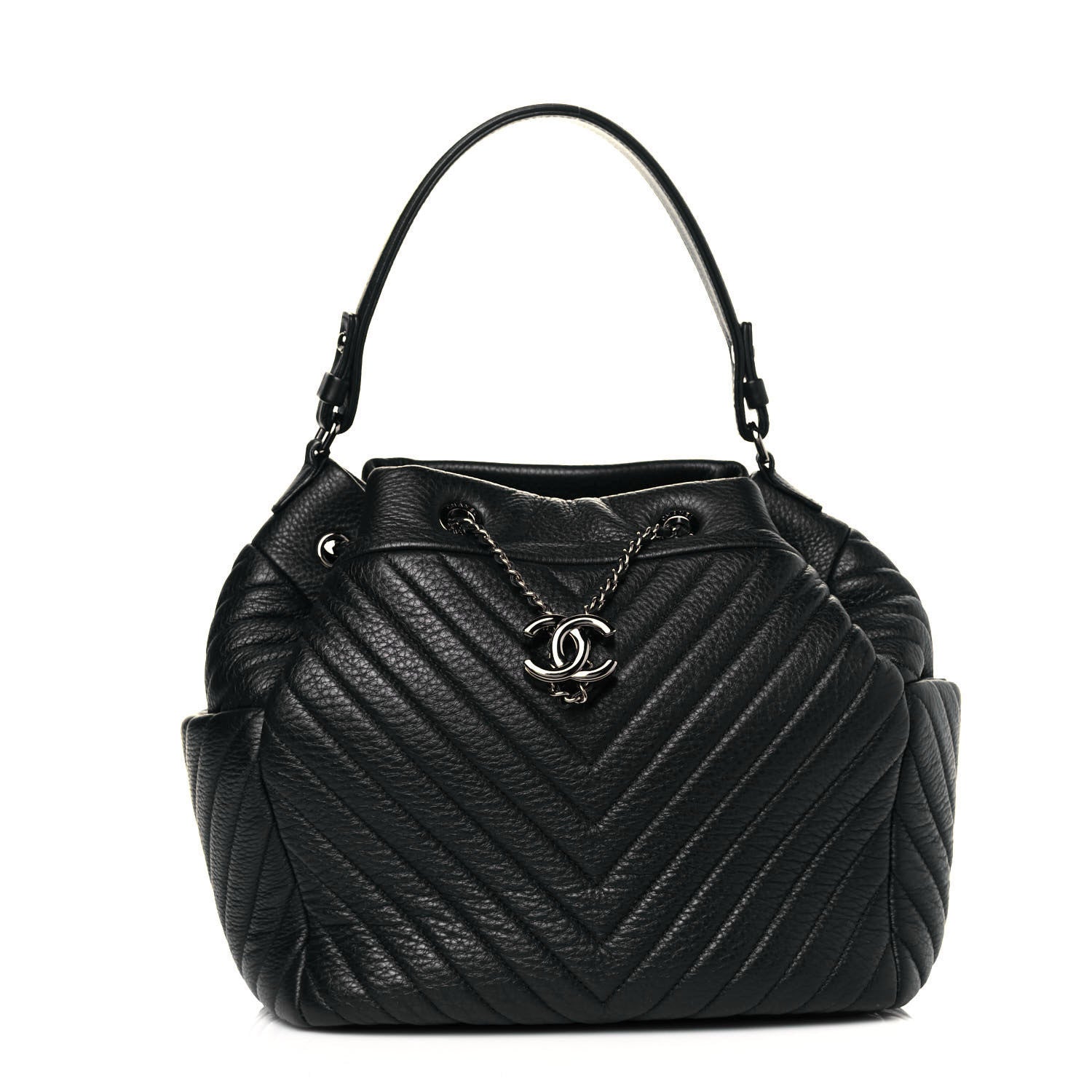Chanel Deerskin Chevron Large CC Chain Bucket Drawstring Bag Black 1 of 9
