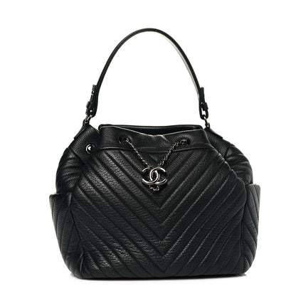 Chanel Deerskin Chevron Large CC Chain Bucket Drawstring Bag Black 1 of 9