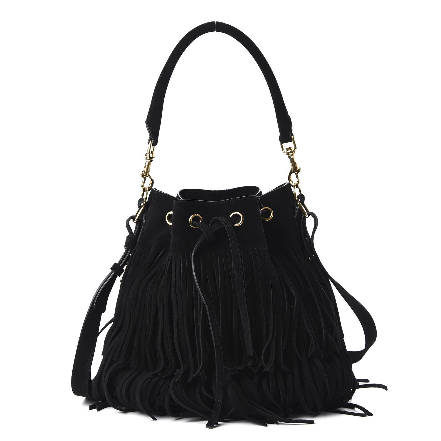 Saint Laurent Suede Calfskin Medium Emmanuelle Fringe Bucket Bag Black 1 of 9