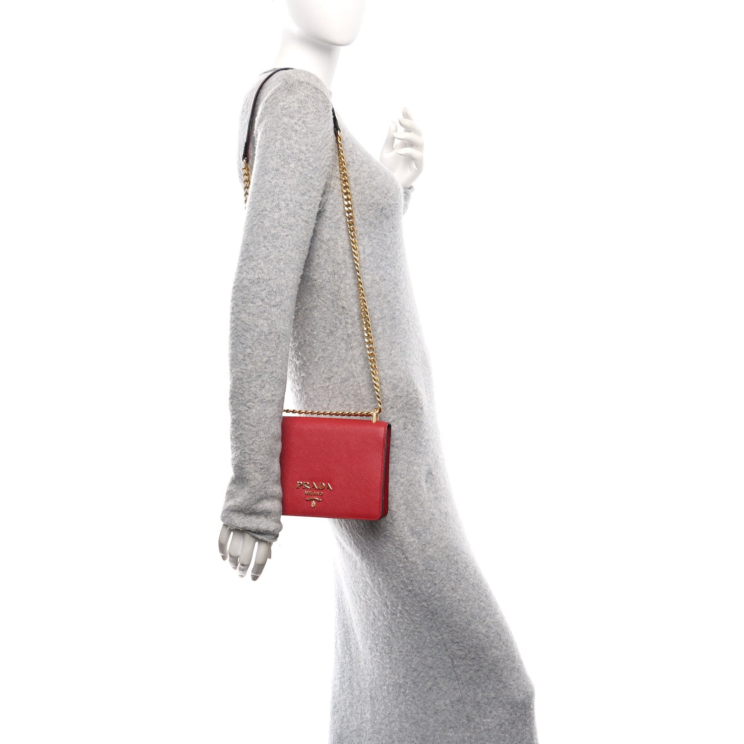 Prada Saffiano Chain Shoulder Bag Fuoco 2 of 11