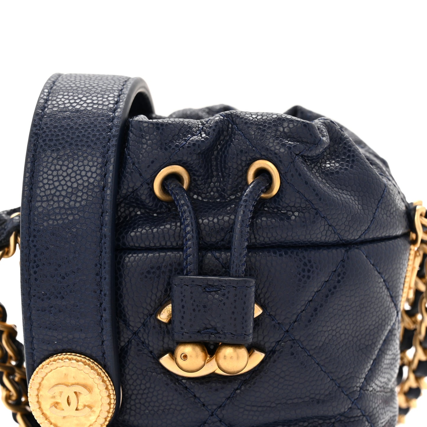 Caviar Quilted Twist Your Buttons Mini Bucket Bag Navy