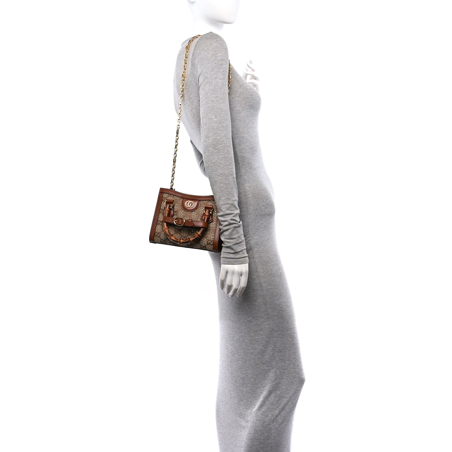 New Canvas Charisma Calfskin Crystal GG Monogram Mini Diana Tote Bag Camel Ebony