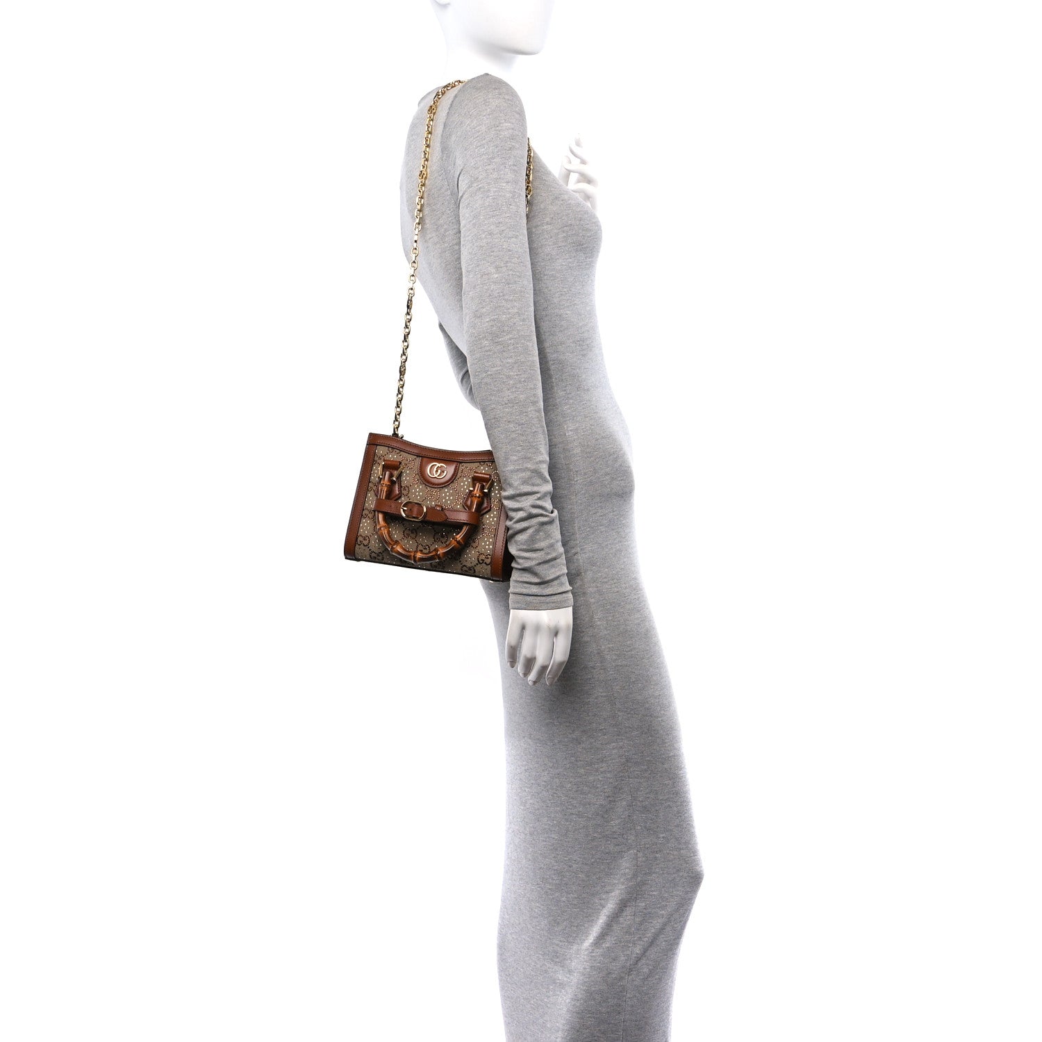 Gucci New Canvas Charisma Calfskin Crystal GG Monogram Mini Diana Tote Bag Camel Ebony 2 of 13