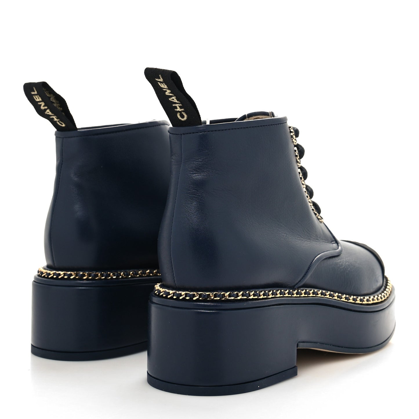 Calfskin Grosgrain Chain Lace Up CC Short Boots 36 Navy Black