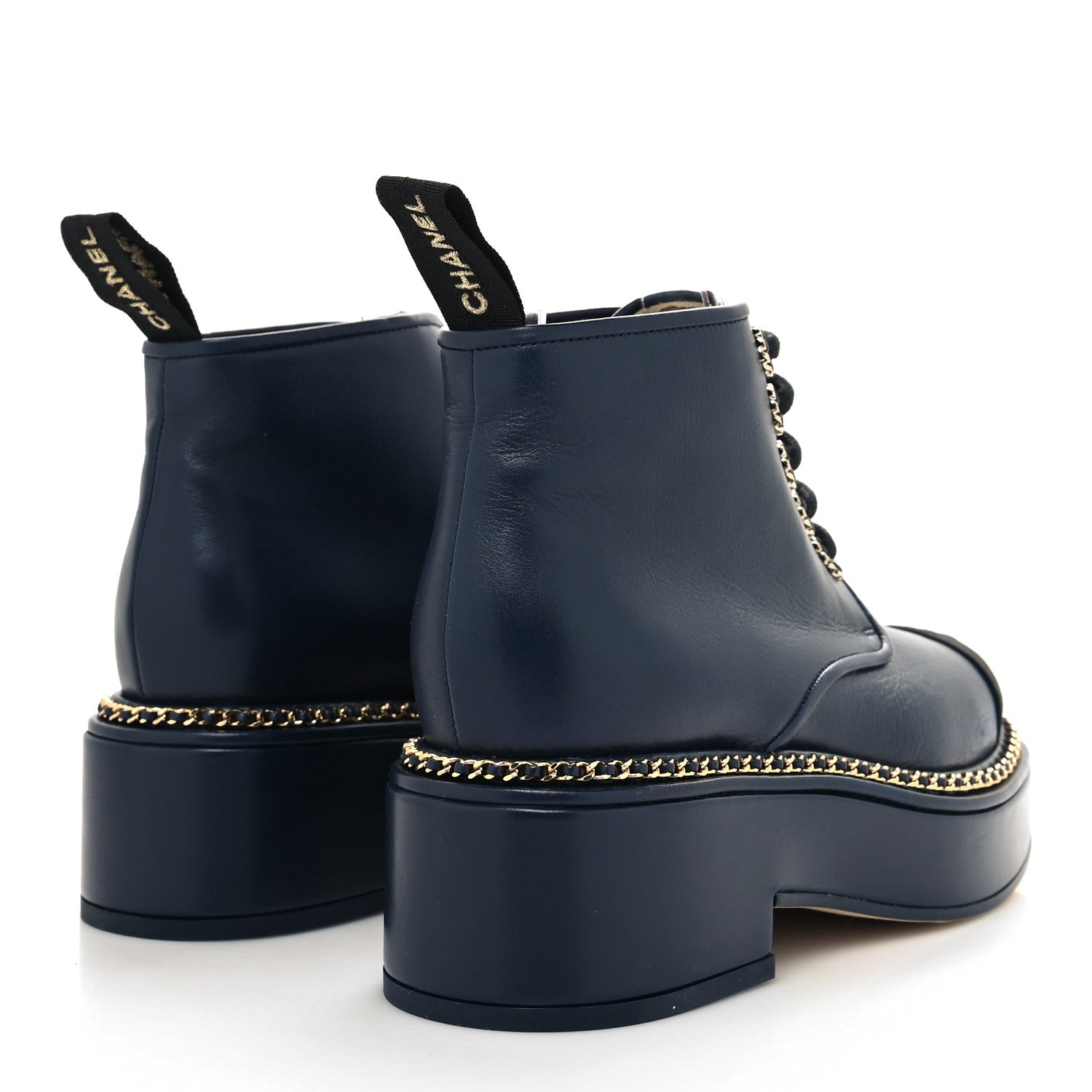 Chanel Calfskin Grosgrain Chain Lace Up CC Short Boots 36 Navy Black 4 of 8