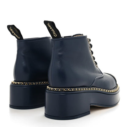 Chanel Calfskin Grosgrain Chain Lace Up CC Short Boots 36 Navy Black 4 of 8