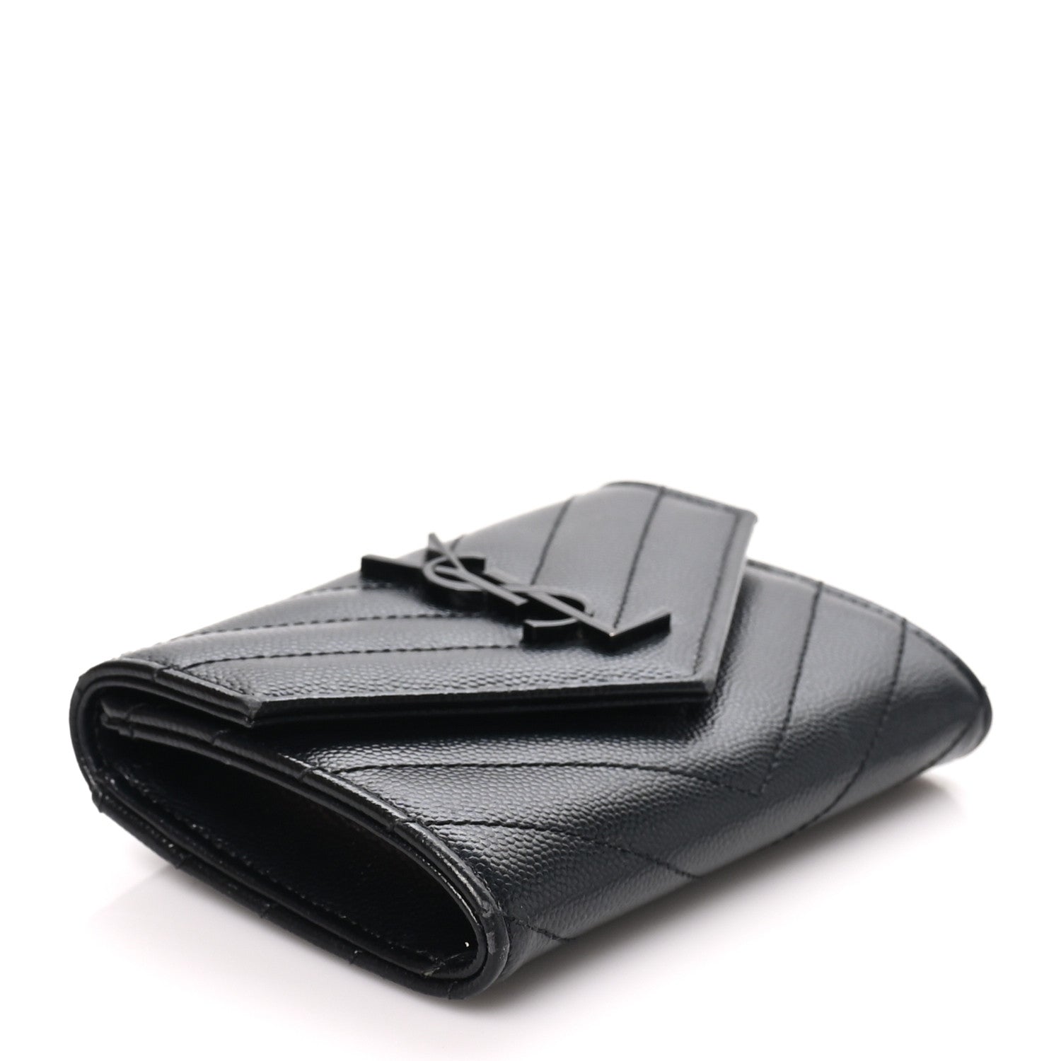 Saint Laurent Grain De Poudre Matelasse Chevron Small Monochrome Monogram Envelope Wallet Black 4 of 7
