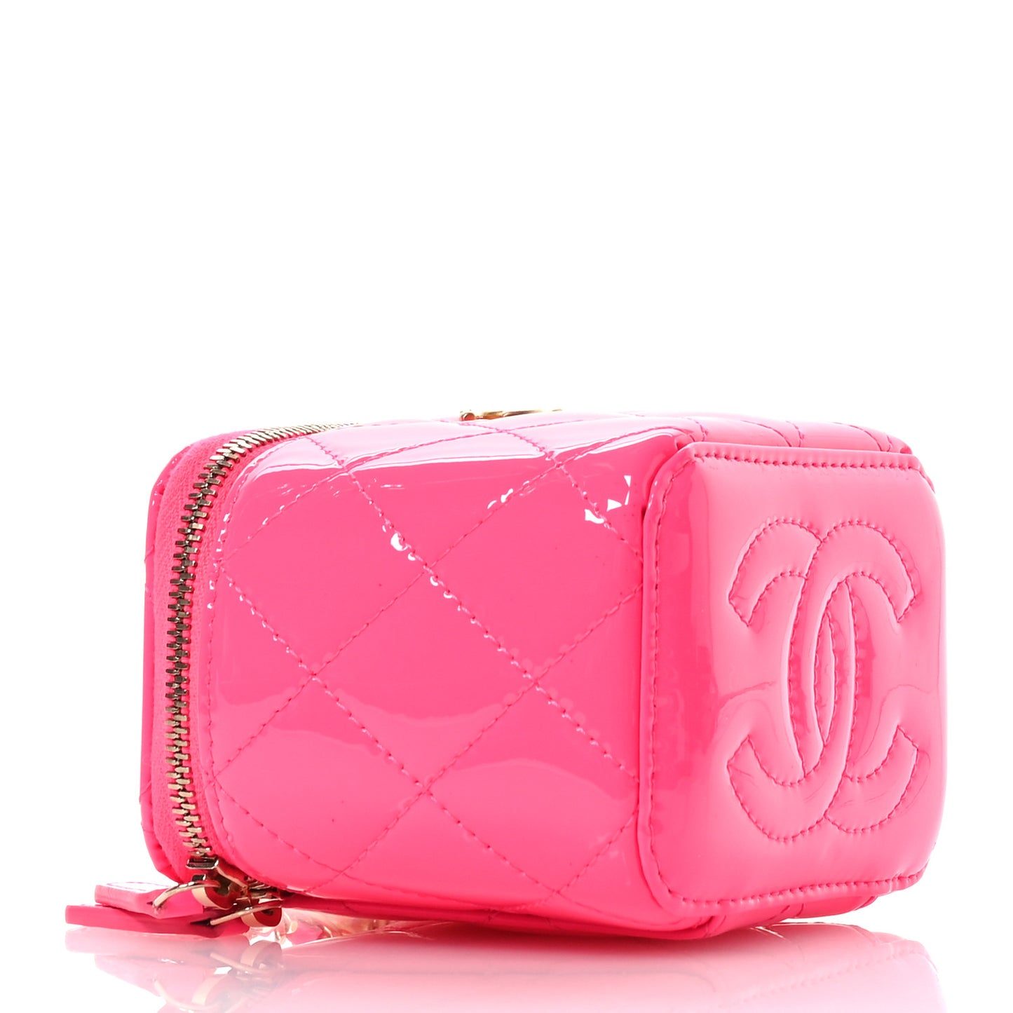 Patent Quilted Pearl Crush Mini Vanity Case With Chain Neon Pink