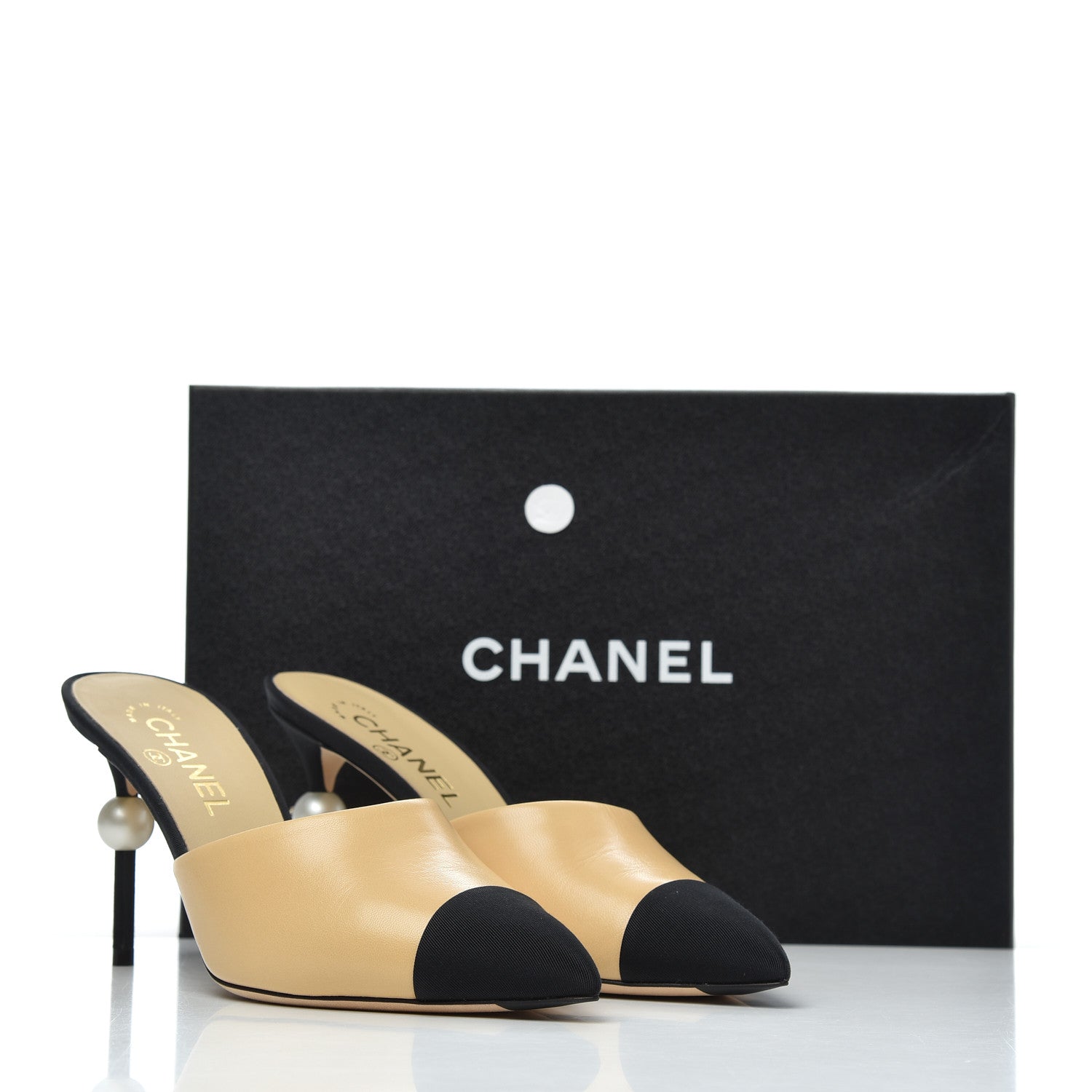 Chanel Goatskin Grosgrain Cap Toe Pearl Mule 39 Beige Black 16 of 16