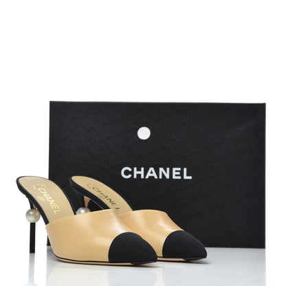 Chanel Goatskin Grosgrain Cap Toe Pearl Mule 39 Beige Black 16 of 16