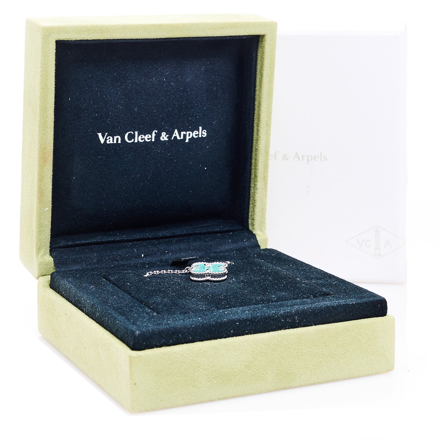 Van Cleef & Arpels 18K White Gold Diamond Celadon Green Sevres Porcelain Vintage Alhambra Pendant Necklace 6 of 6