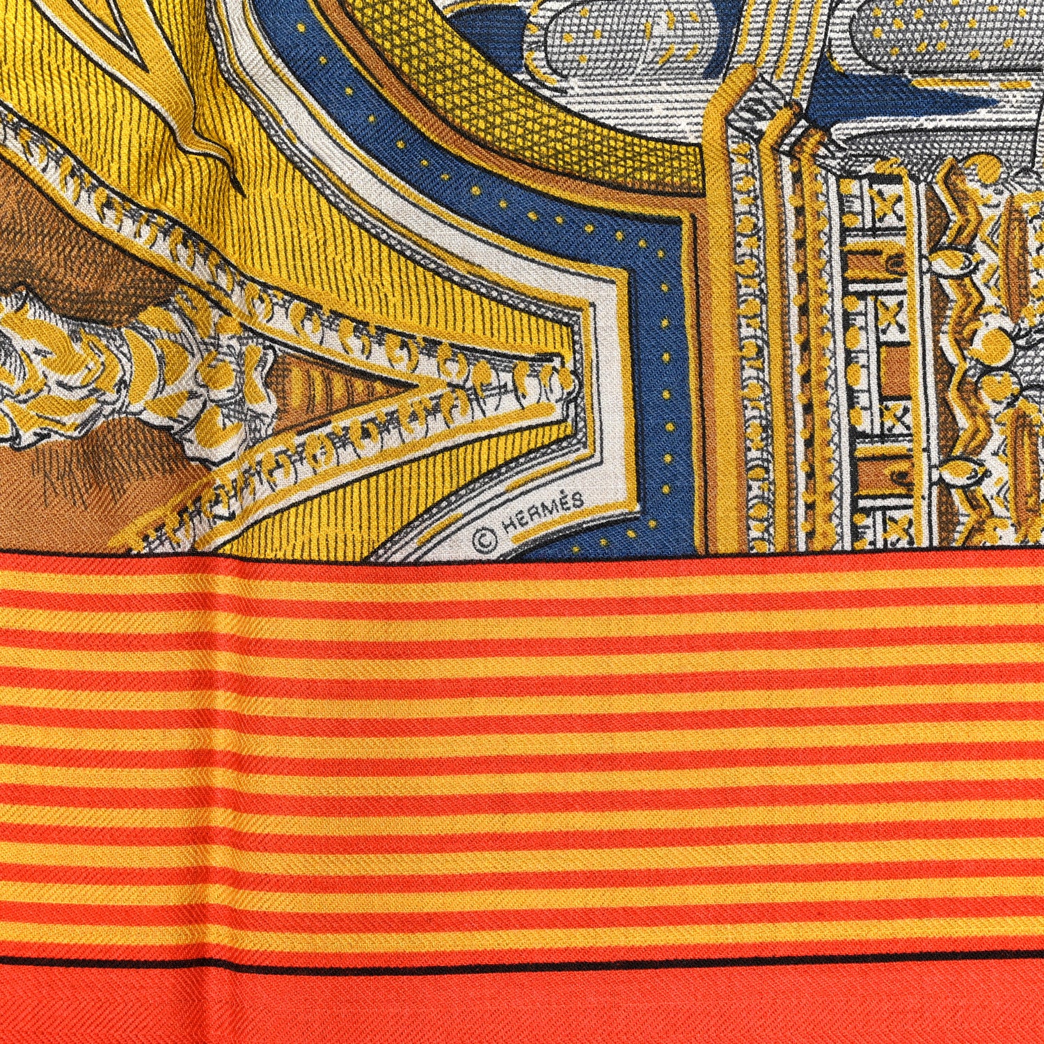 Hermes Cashmere Silk Grand Theatre Nouveau Shawl 140 Naturel Gold
