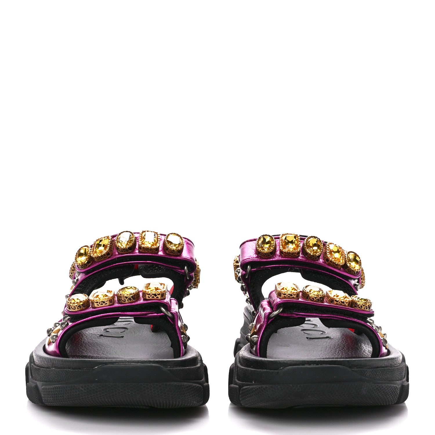 Gucci Nappa Mesh Crystal Embellished Studded Womens Aguru Sandals 38 Pink Black 2 of 10
