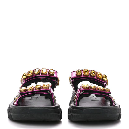 Gucci Nappa Mesh Crystal Embellished Studded Womens Aguru Sandals 38 Pink Black 2 of 10