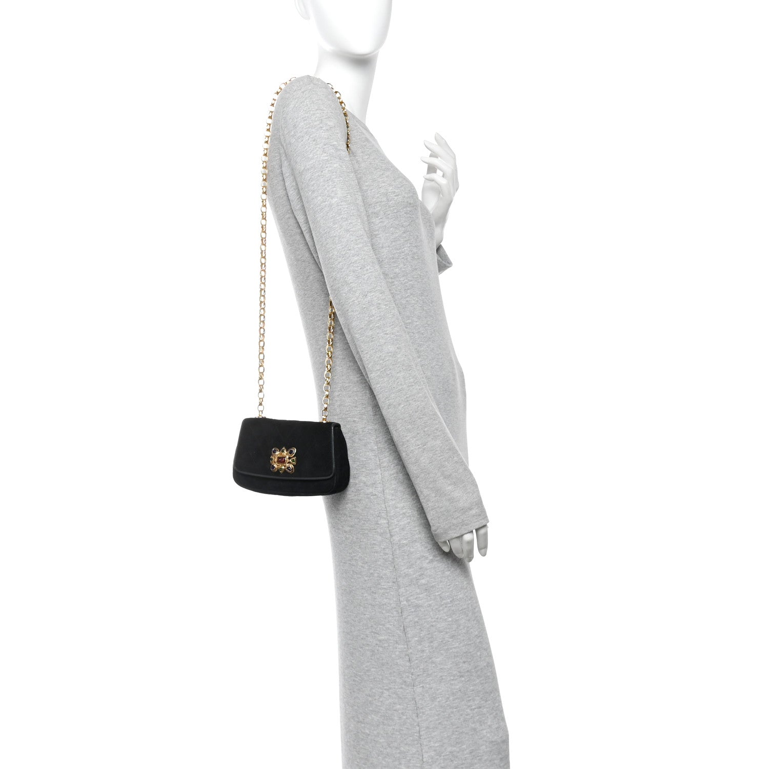 Chanel Suede Chevron Gripoix Quilted Flap Black 2 of 10