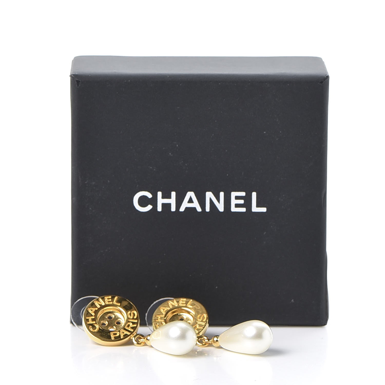 Chanel Metal Pearl Paris Button Drop Earrings Gold 5 of 5