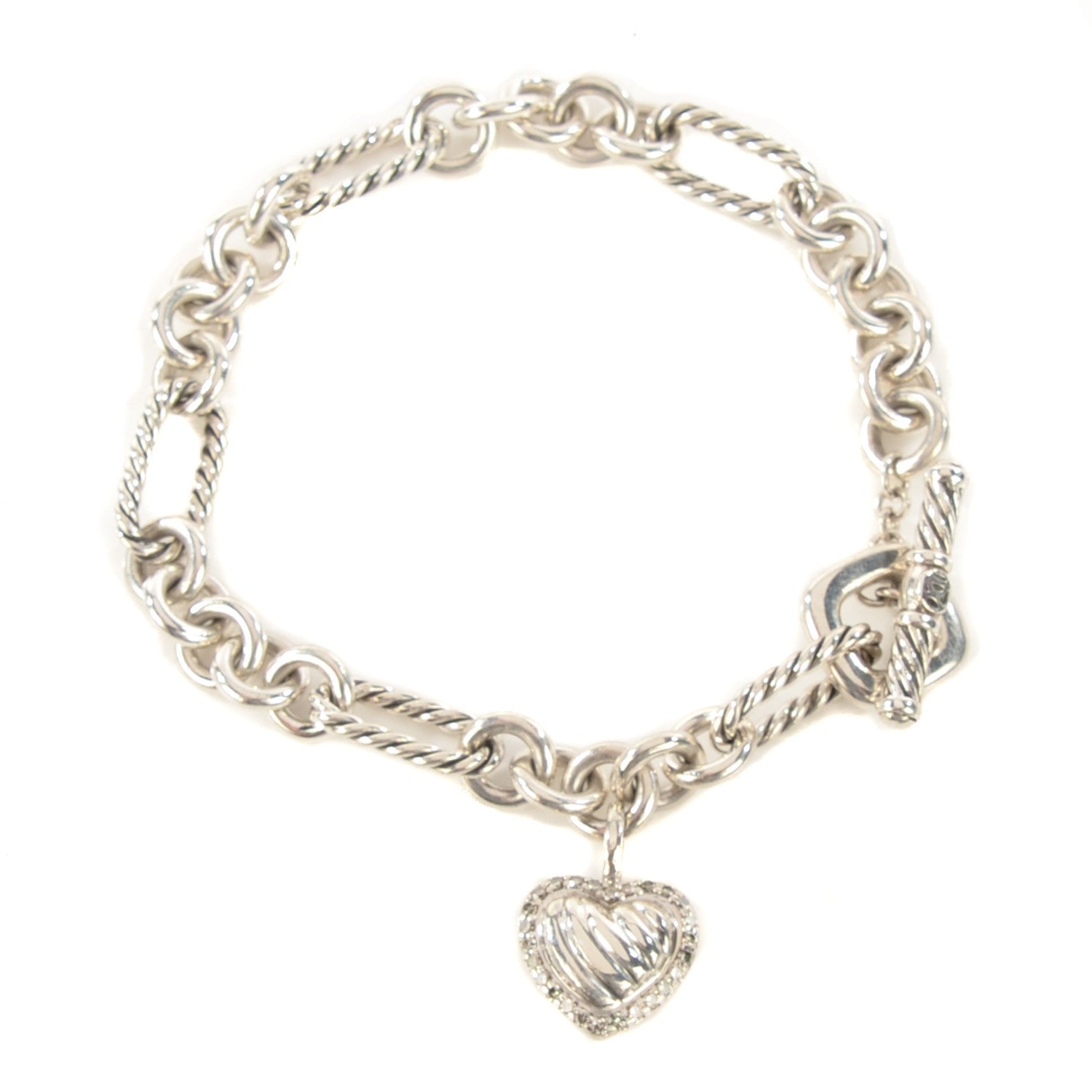 David Yurman Sterling Silver Diamond Cable Heart Charm Bracelet 1 of 6
