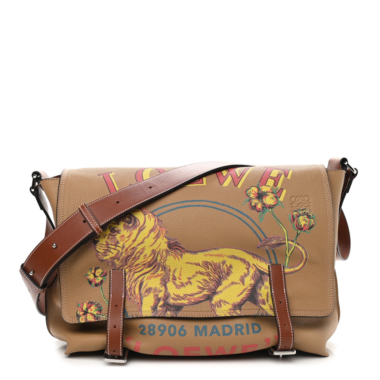 Grained Calfskin Printed Desert Lion Messenger Bag Tan