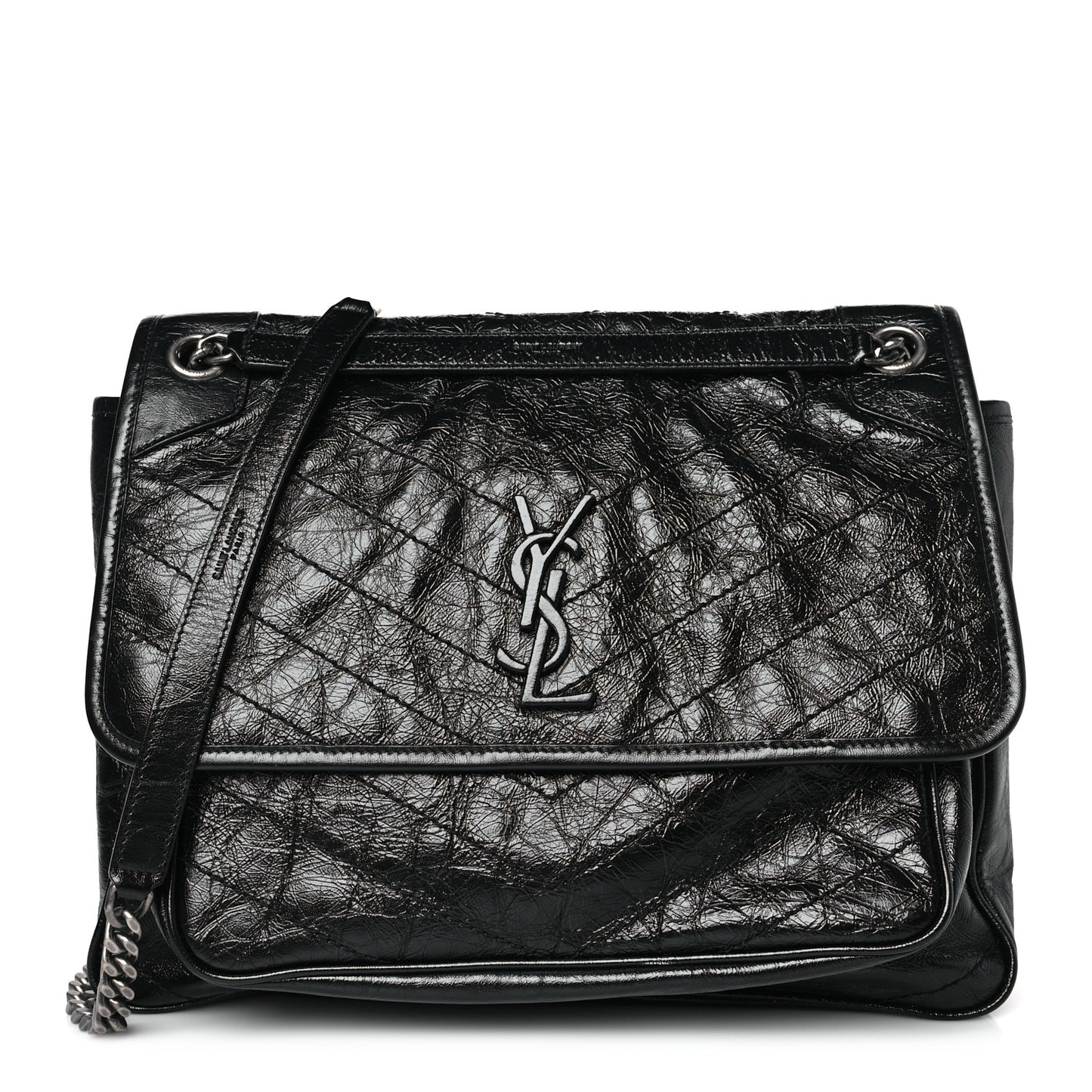 Crinkled Calfskin Matelasse Monogram Large Niki Chain Satchel Black