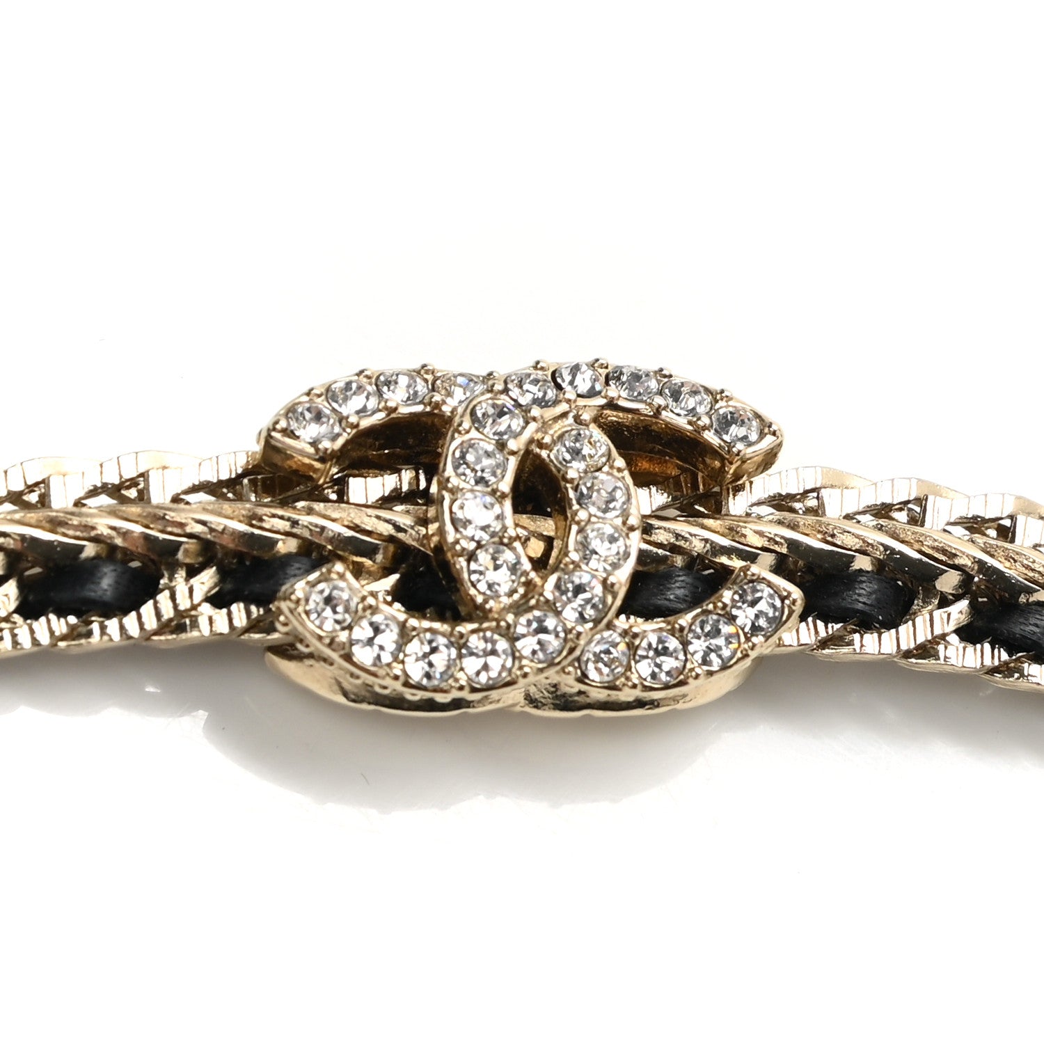 Chanel Metal Lambskin Crystal CC Chain Tie Headband Gold Black 3 of 3