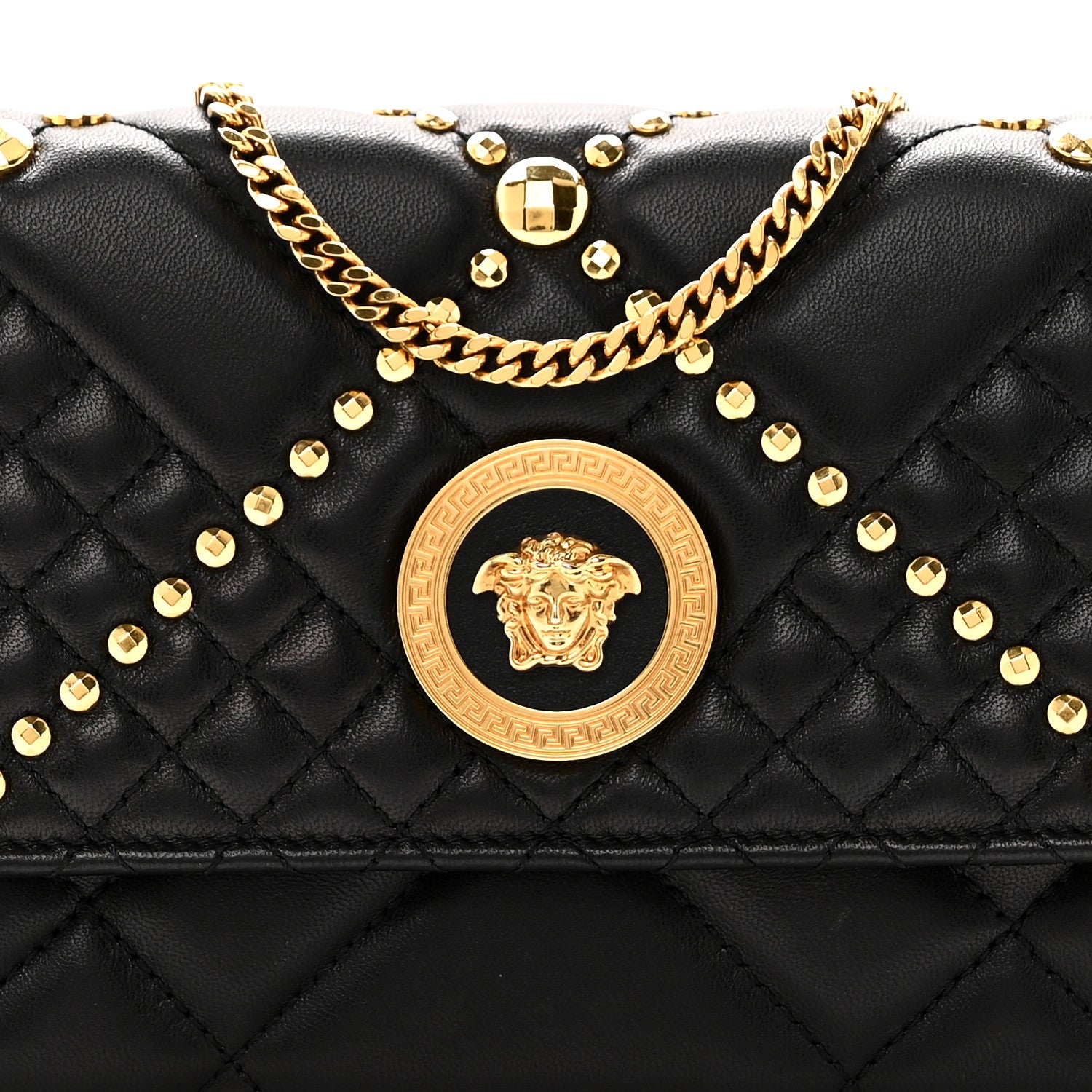 Versace Lambskin Studded Quilted Medusa Wallet on Chain Crossbody Black Gold 7 of 9