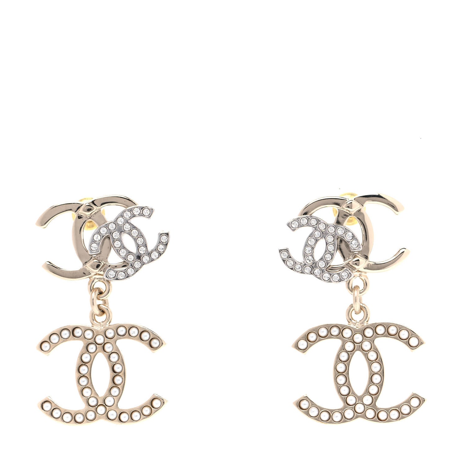 Crystal Pearl Double CC Drop Earrings Gold Silver