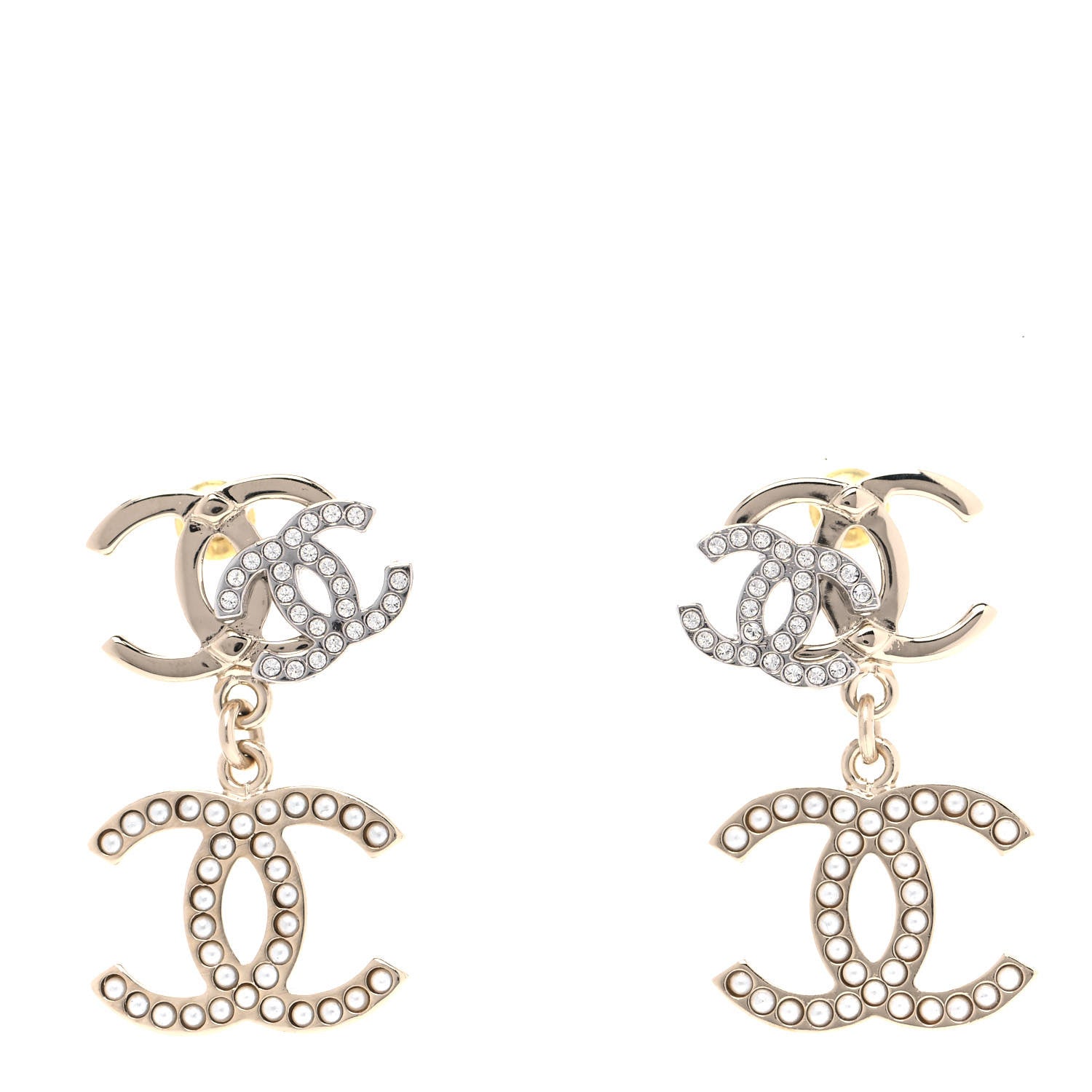 Chanel Crystal Pearl Double CC Drop Earrings Gold Silver 1 of 4