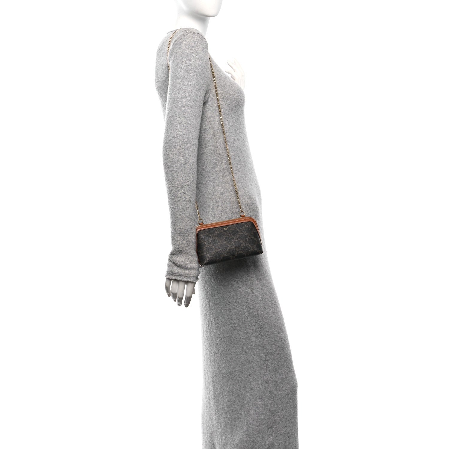 Celine Triomphe Canvas Lambskin Clutch On Chain Tan 3 of 12