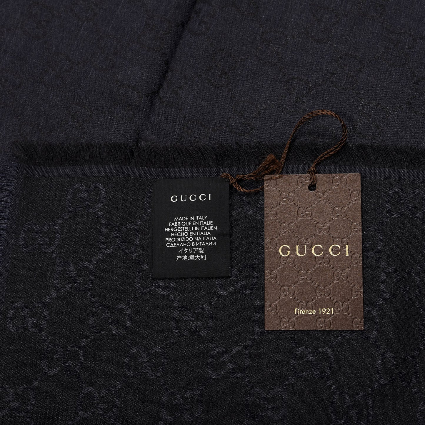 Wool Silk Monogram GGWeb Fringe Shawl Navy Black