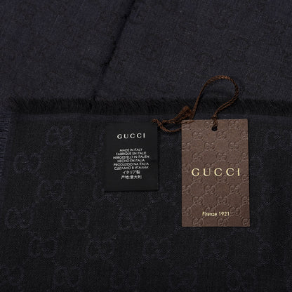 Gucci Wool Silk Monogram GGWeb Fringe Shawl Navy Black 2 of 3