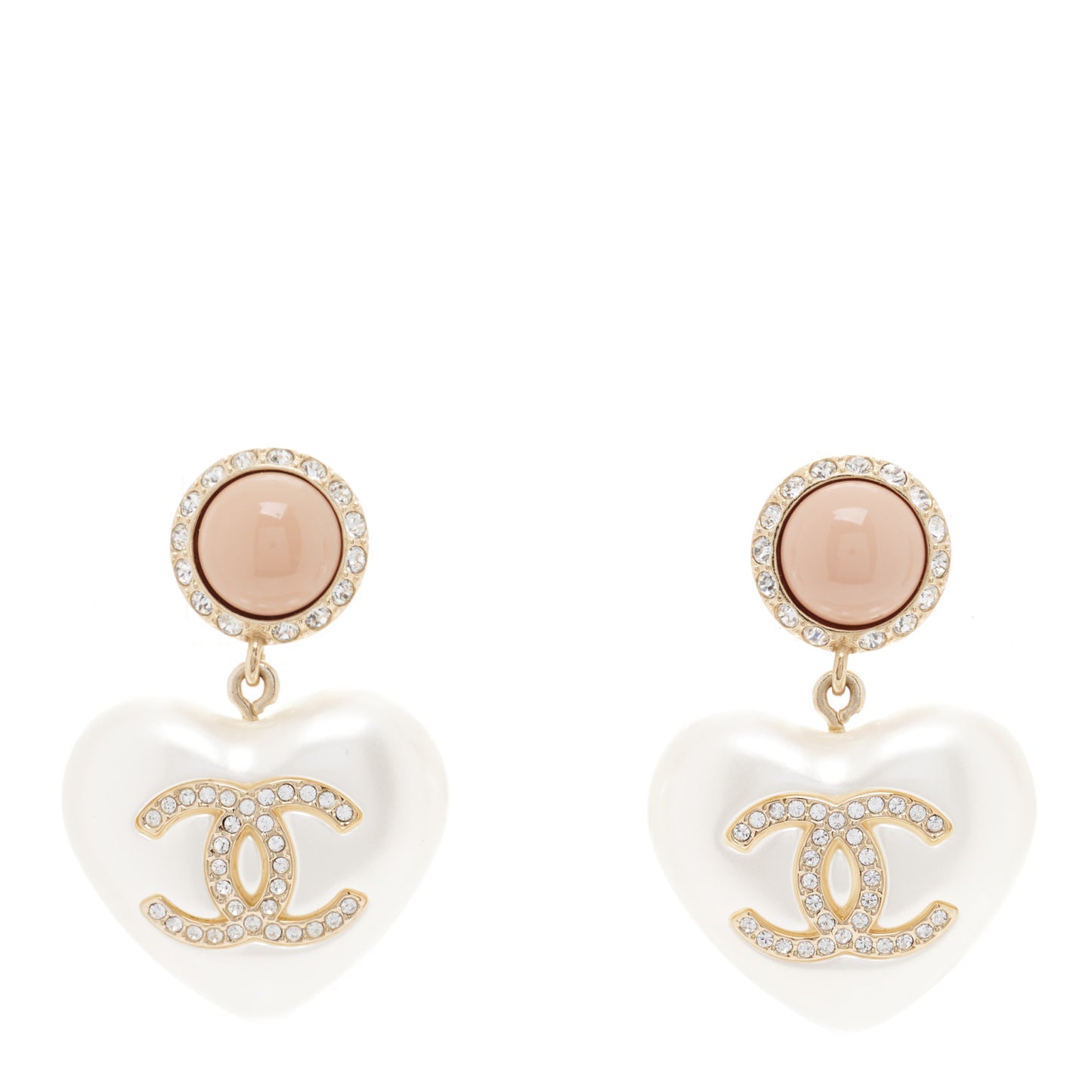 Pearl Resin Crystal CC Heart Drop Earrings Pink Gold