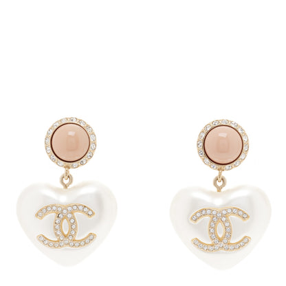 Chanel Pearl Resin Crystal CC Heart Drop Earrings Pink Gold 1 of 5