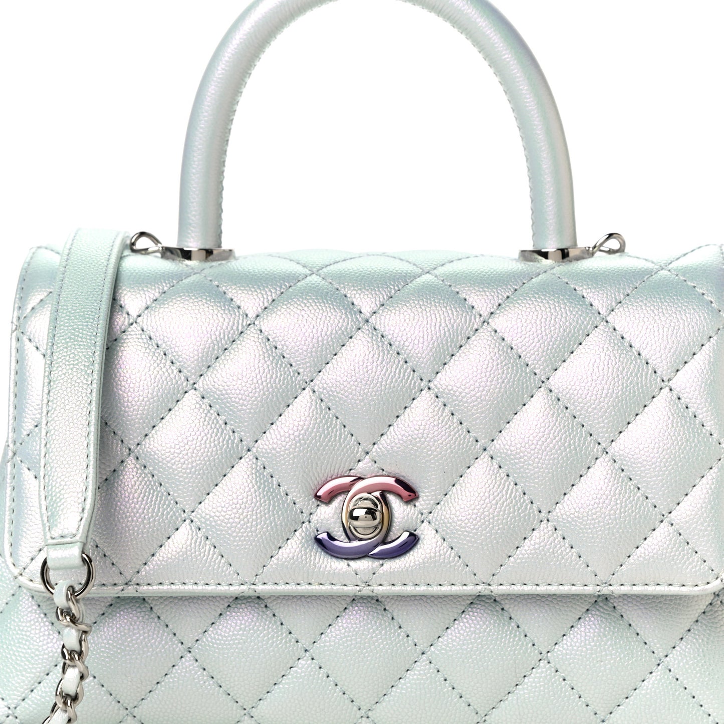 Iridescent Caviar Quilted Mini Coco Handle Flap Light Blue