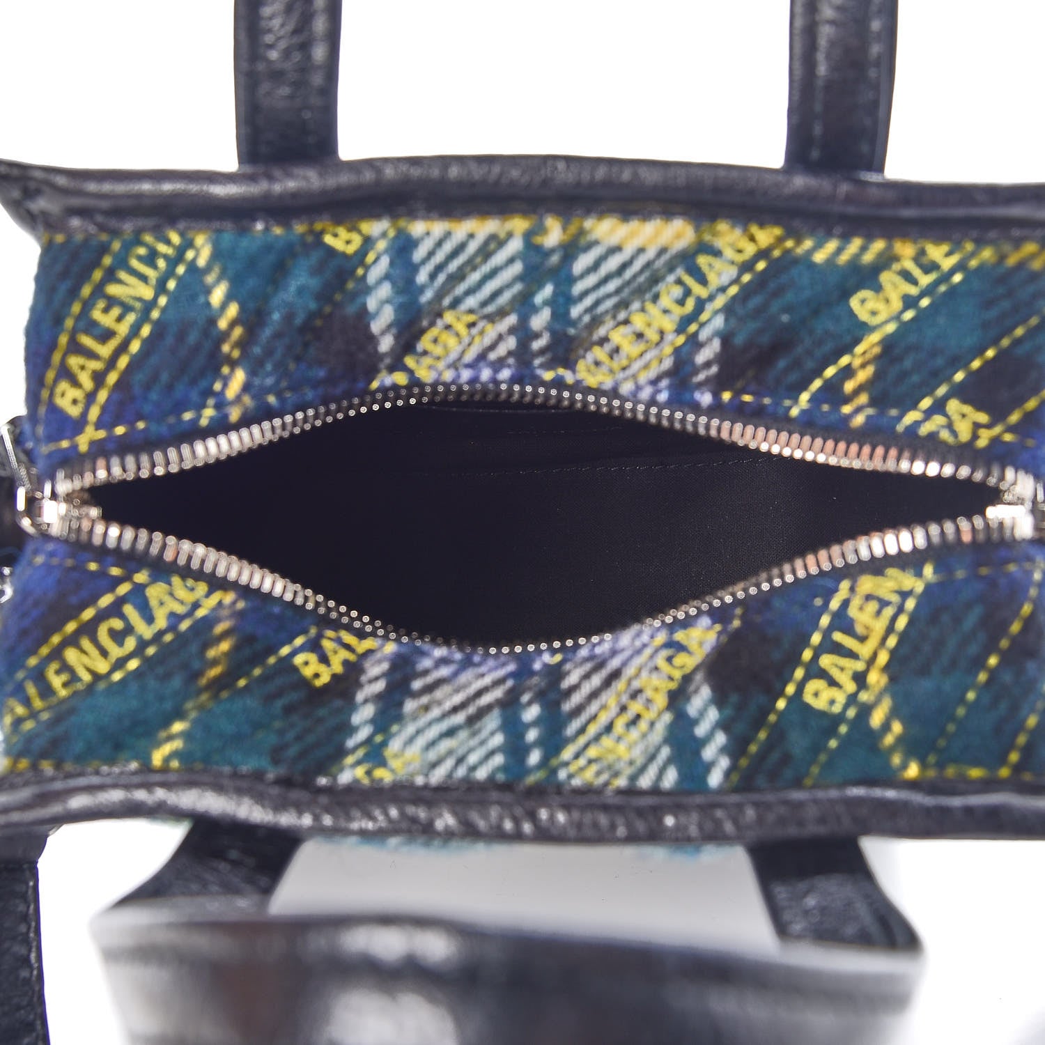 Balenciaga Wool Cuir Arena Plaid Diagonal Allover Logo Matelasse XXS Bazar Shopper Tote Green Blue Yellow 5 of 8