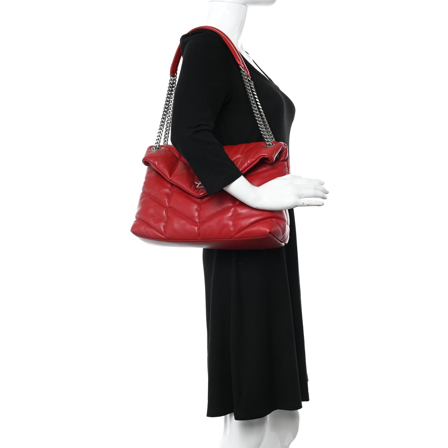 Saint Laurent Lambskin Quilted Medium Loulou Puffer Monogram Chain Satchel Red 2 of 11