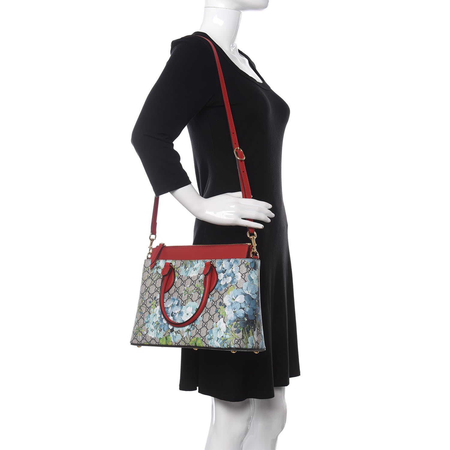 Gucci GG Supreme Monogram Blooms Medium Zip Top Tote Beige Blue Navy Hibiscus Red 2 of 10