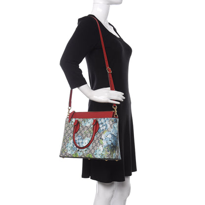 Gucci GG Supreme Monogram Blooms Medium Zip Top Tote Beige Blue Navy Hibiscus Red 2 of 10