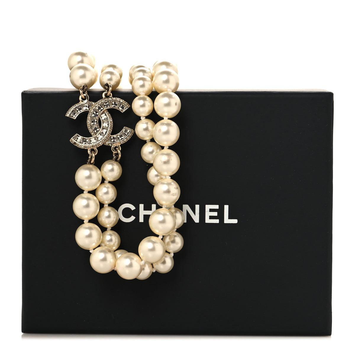 Baguette Crystal Pearl CC Double Strand Necklace Gold