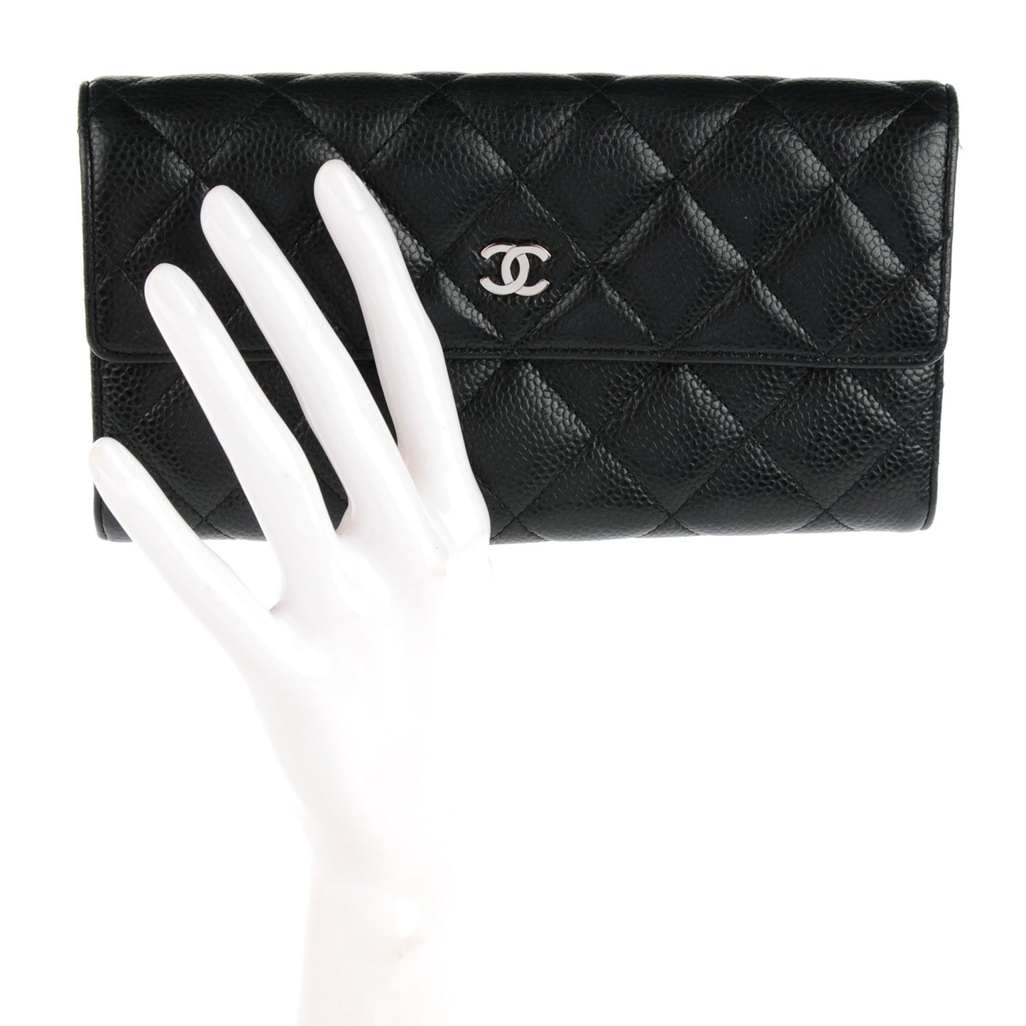Caviar Quilted Large Gusset Flap Wallet Black