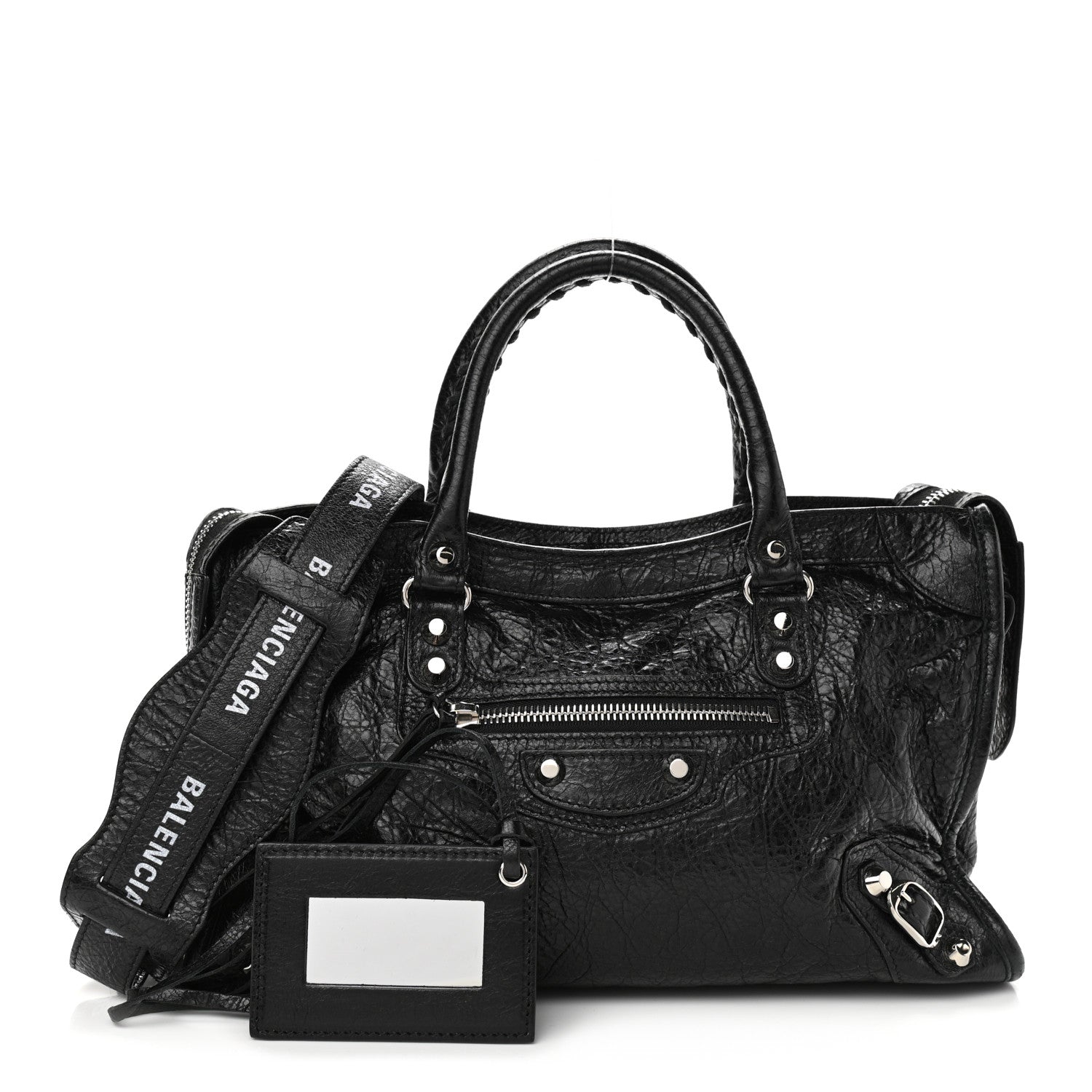 Balenciaga Agneau Classic Silver Hardware S City Logo Strap Black White 1 of 9