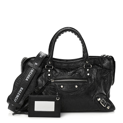 Balenciaga Agneau Classic Silver Hardware S City Logo Strap Black White 1 of 9