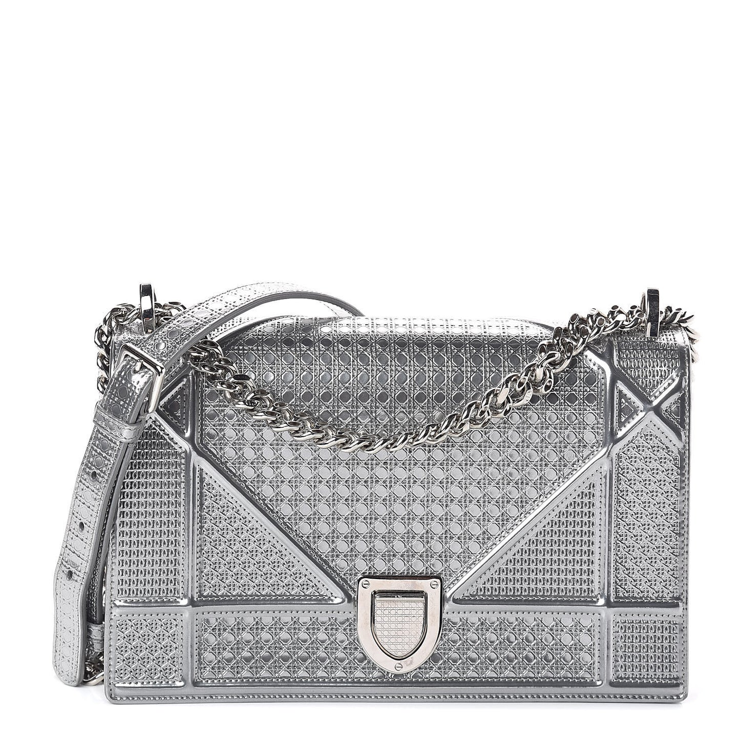 Metallic Patent Micro-Cannage Medium Diorama Flap Bag Silver