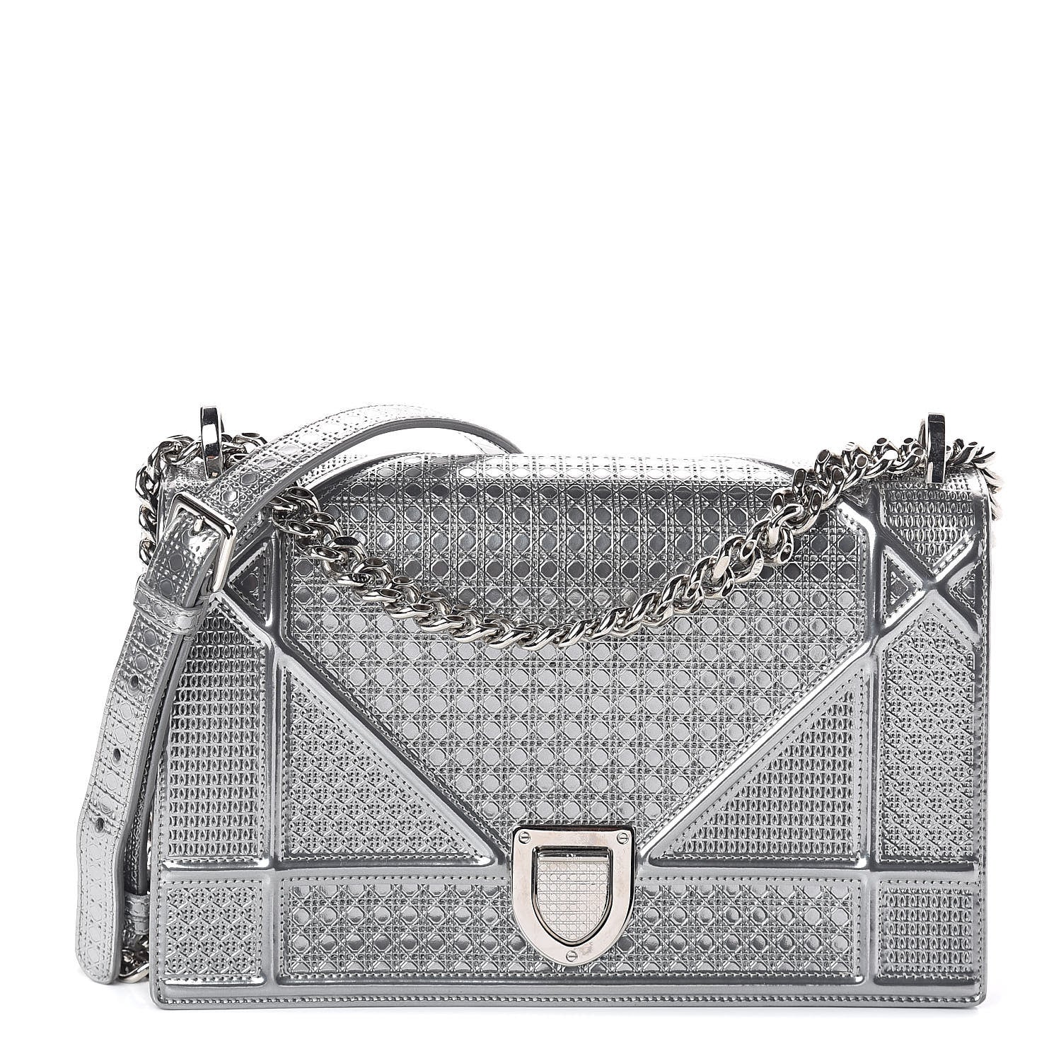 Christian Dior Metallic Patent Micro-Cannage Medium Diorama Flap Bag Silver 1 of 8