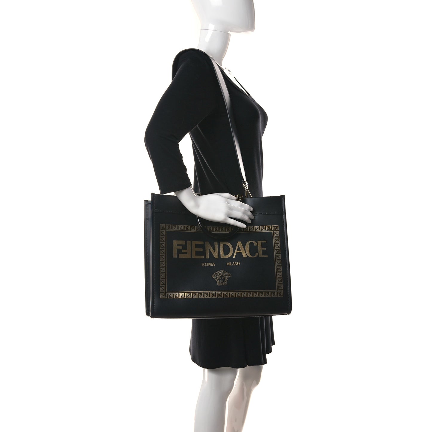 X VERSACE Calfskin Plexiglass Fendace Medium Fendi Sunshine Shopper Tote Black