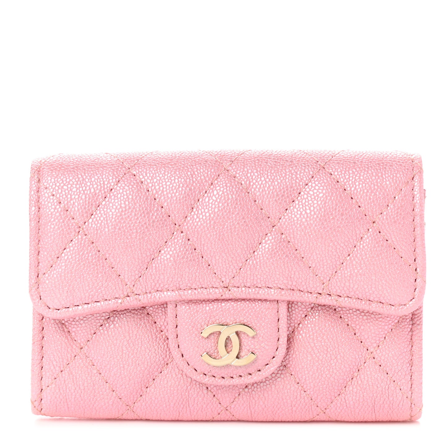 Iridescent Caviar Quilted Flap Card Holder Rose Pink