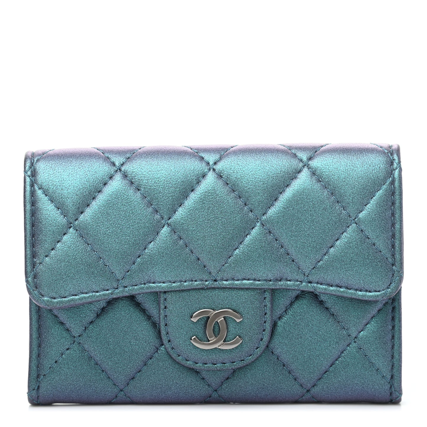 Iridescent Lambskin Quilted Flap Card Holder Turquoise